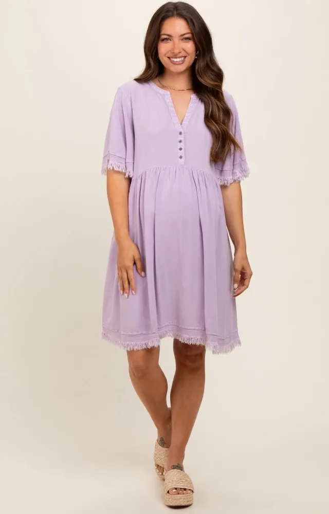 Lavender Button Front Frayed Maternity Dress