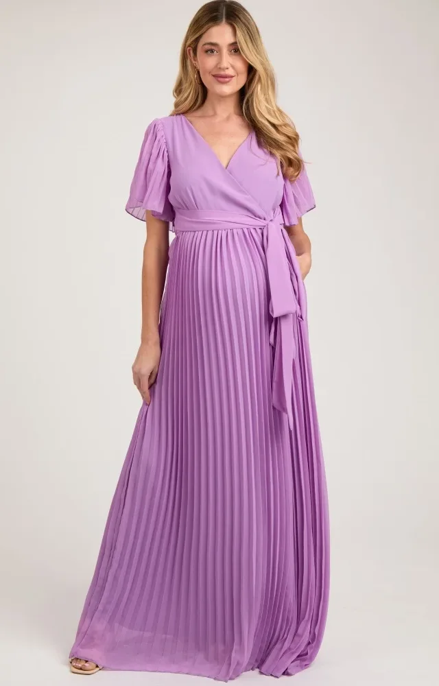 Lavender Chiffon Wrap Front V-Neck Short Sleeve Pleated Maternity Maxi Dress