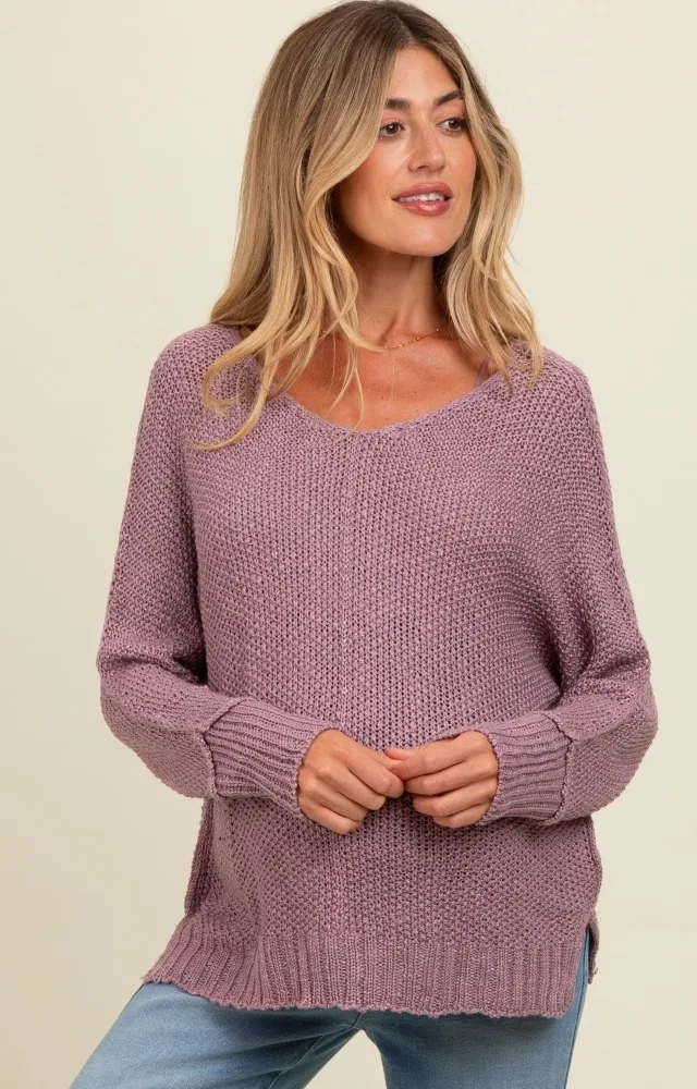 Lavender Chunky Knit Side Slit Maternity Sweater