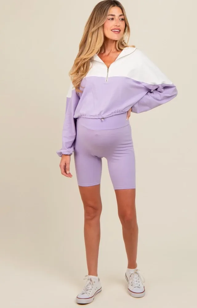 Lavender Colorblock Hoodie Shorts Maternity Set