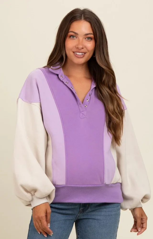 Lavender Colorblock Snap Button Maternity Polo Sweatshirt