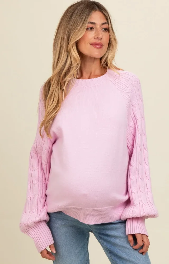 Lavender Contrast Cable Knit Sleeve Maternity Sweater