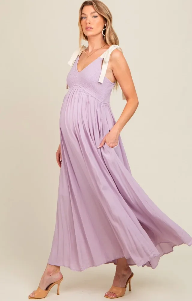 Lavender Contrast Shoulder Tie Smocked Maternity Maxi Dress