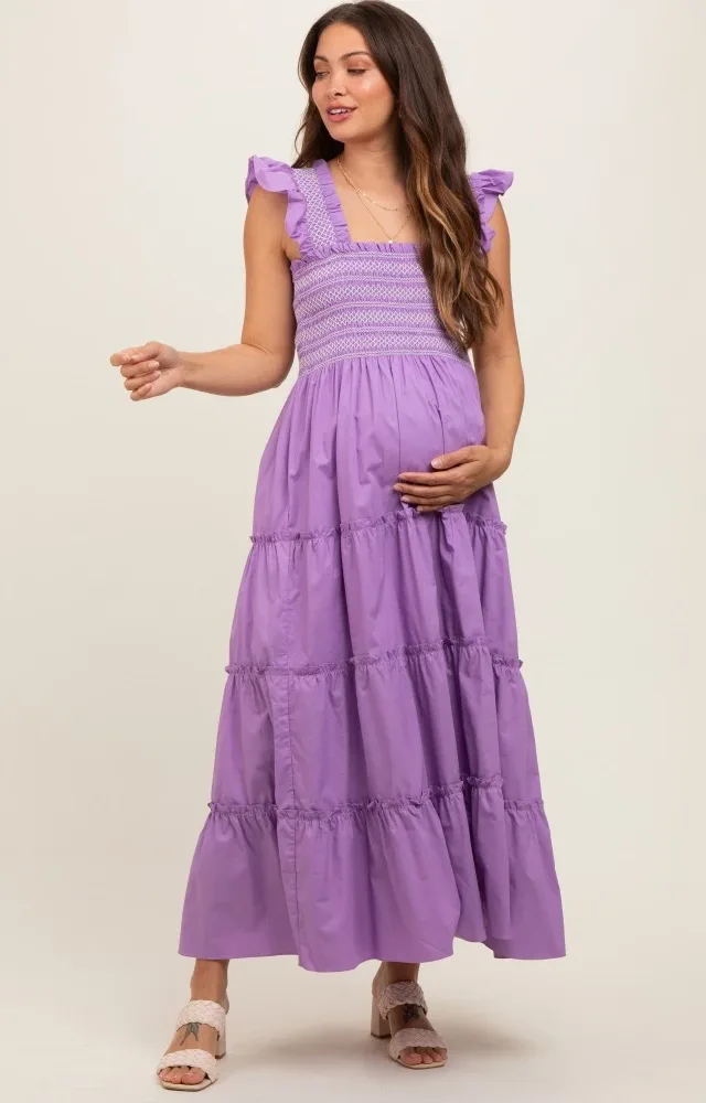 Lavender Embroidered Smocked Maternity Midi Dress