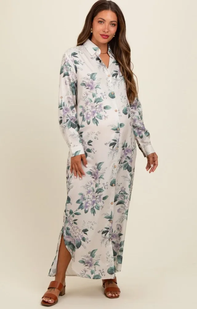 Lavender Floral Button Down Maternity Maxi Dress