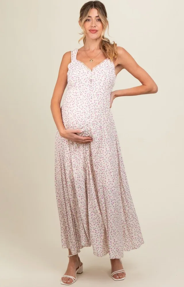 Lavender Floral Button Down Maternity Maxi Dress