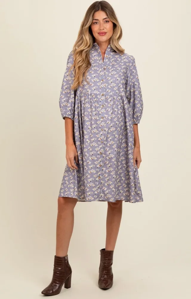 Lavender Floral Button Front 3/4 Sleeve Maternity Dress