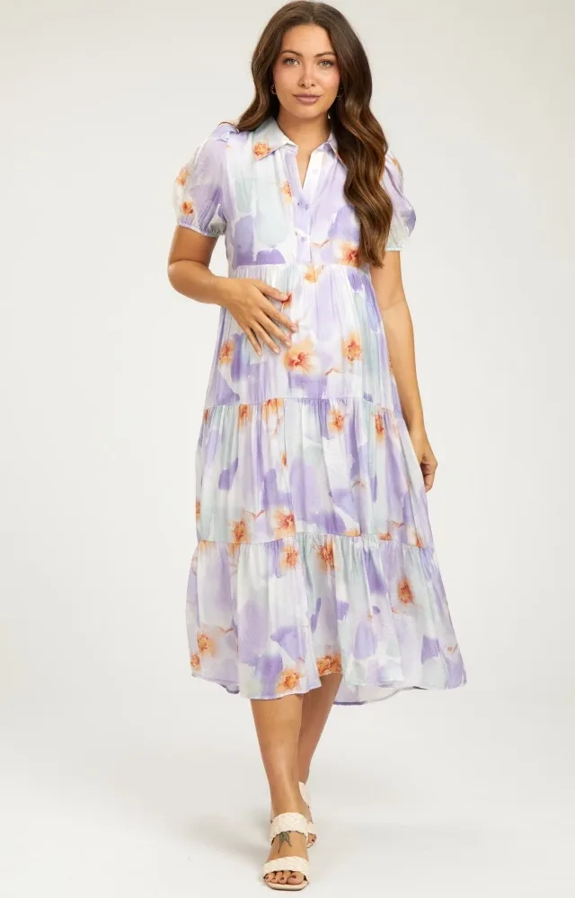 Lavender Floral Button Front Short Sleeve Tiered Maternity Midi Dress