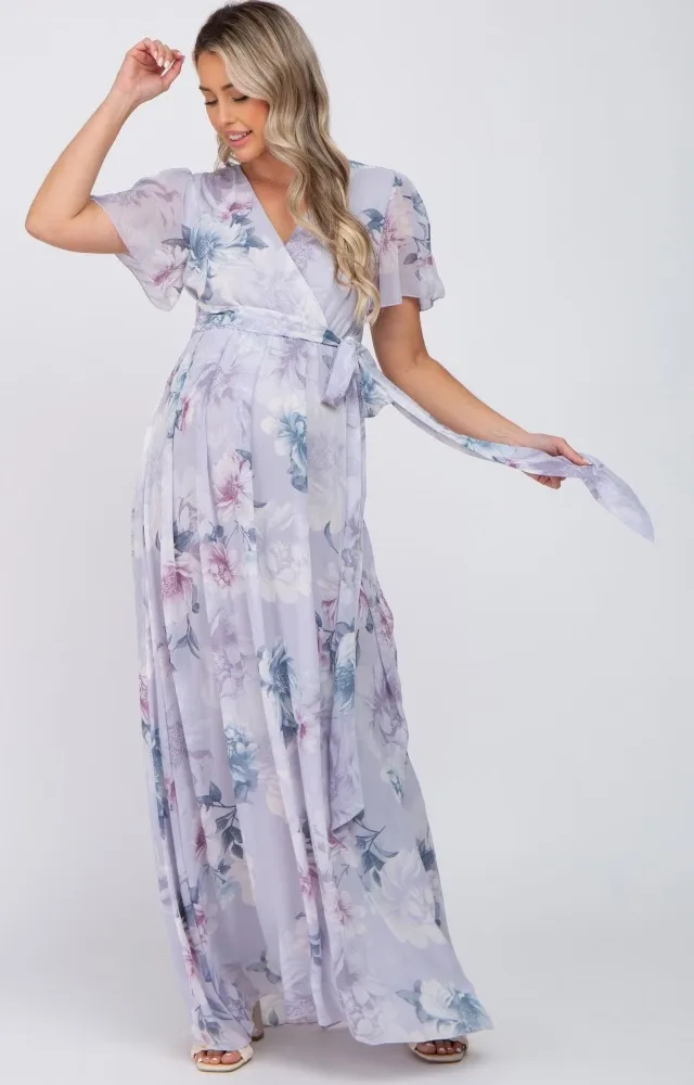 Lavender Floral Chiffon Wrap Front Short Sleeve Maternity Maxi Dress