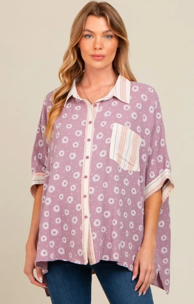 Lavender Floral Contrast Print Maternity Button Down Top