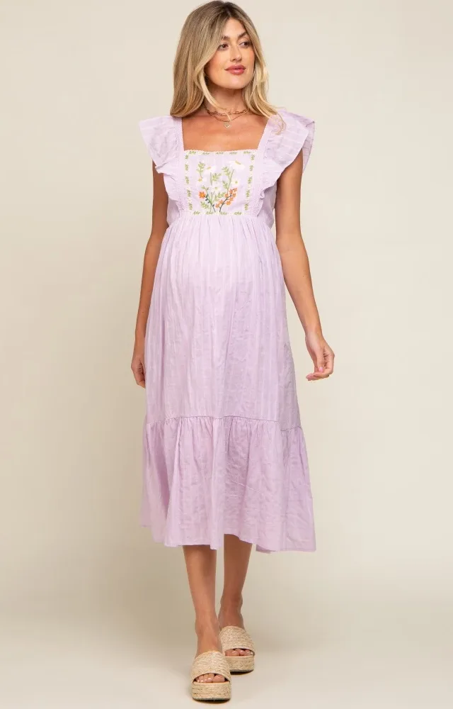 Lavender Floral Embroidered Tie Back Maternity Midi Dress