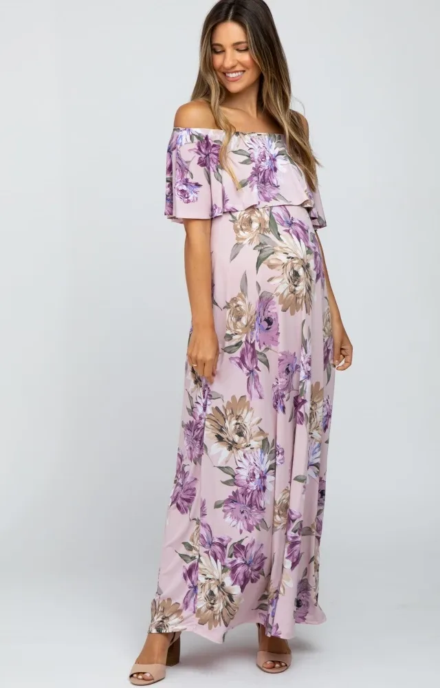 Lavender Floral Flounce Off Shoulder Maternity Maxi Dress