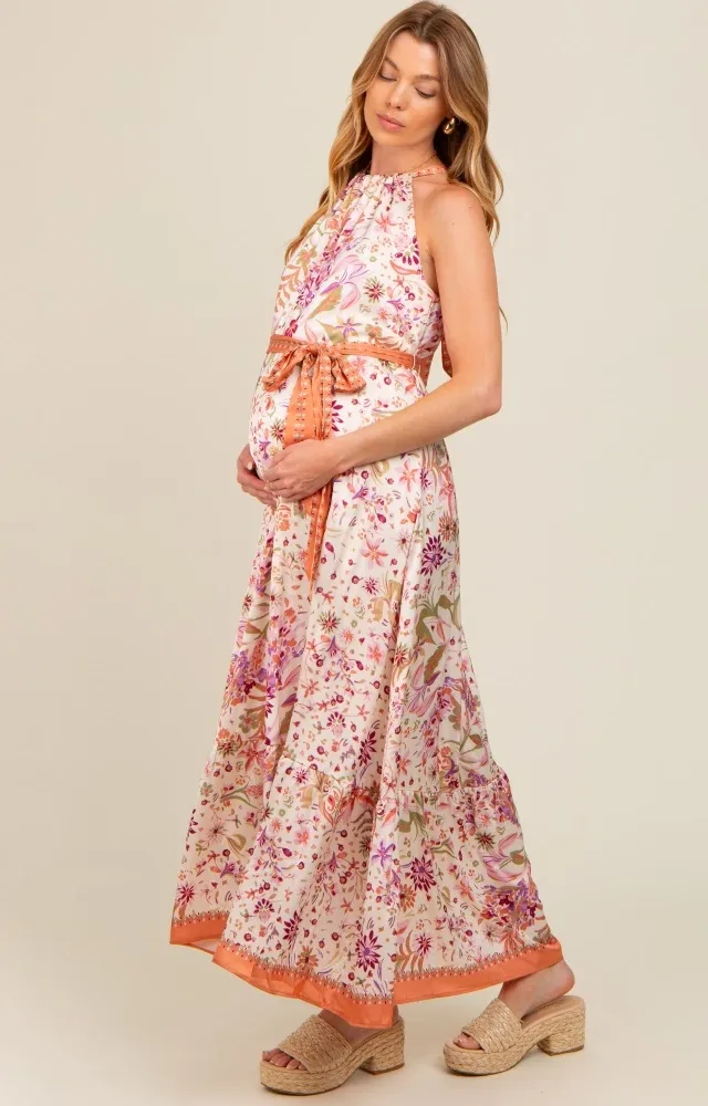 Lavender Floral Halter Front Tie Maternity Maxi Dress