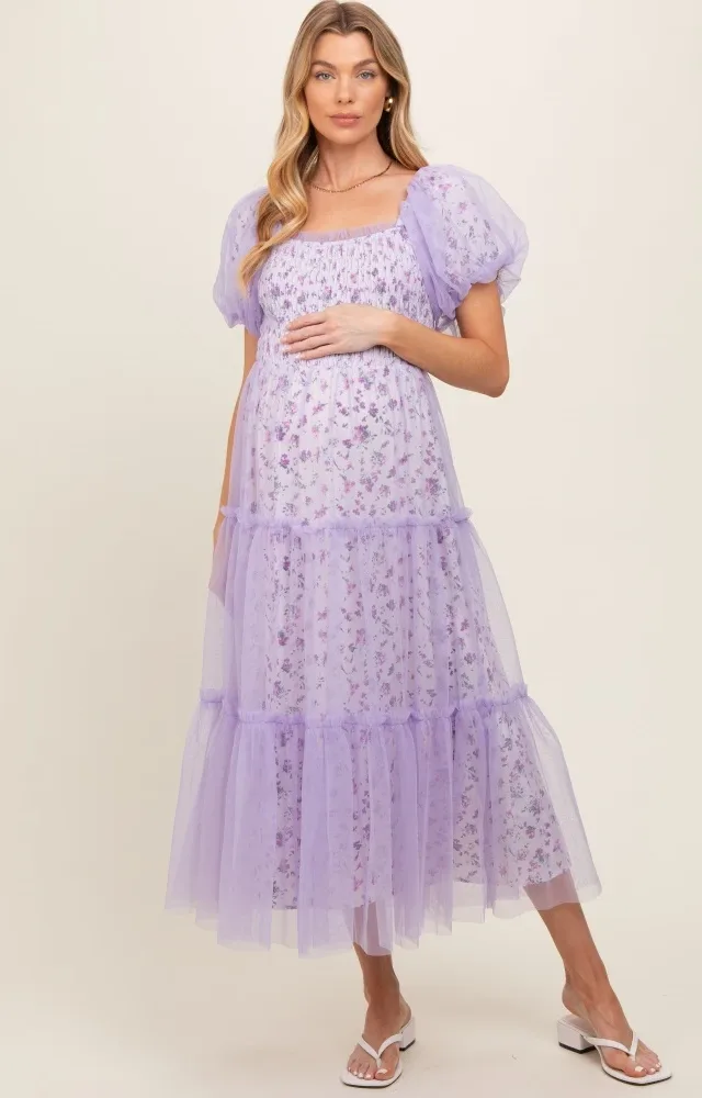 Lavender Floral Lined Smocked Tulle Maternity Midi Dress