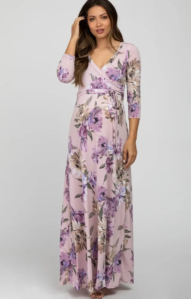 Lavender Floral Maternity Wrap Maxi Dress