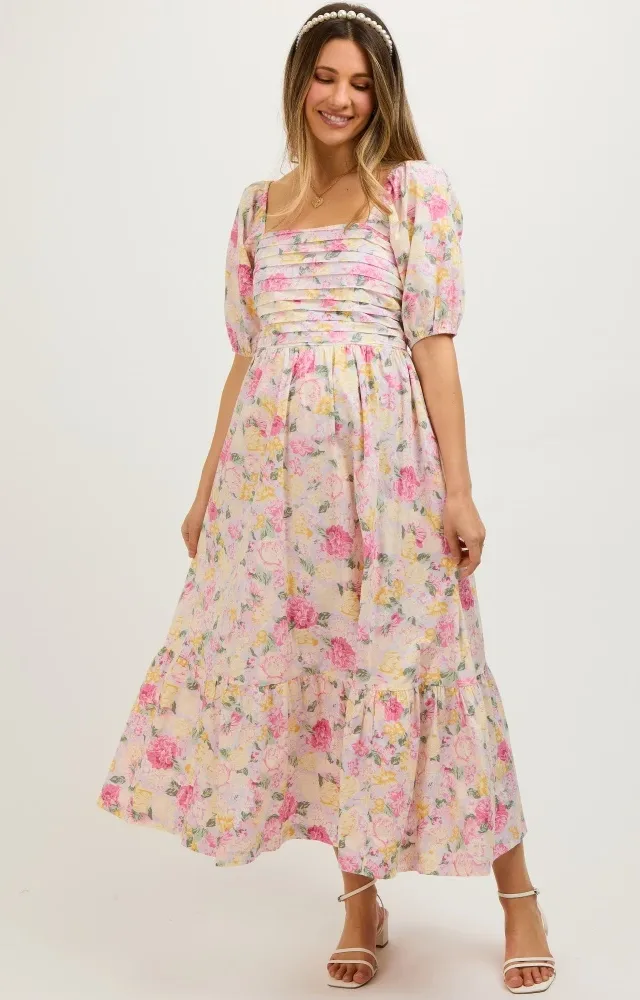 Lavender Floral Pleated Puff Sleeve Maternity Dress