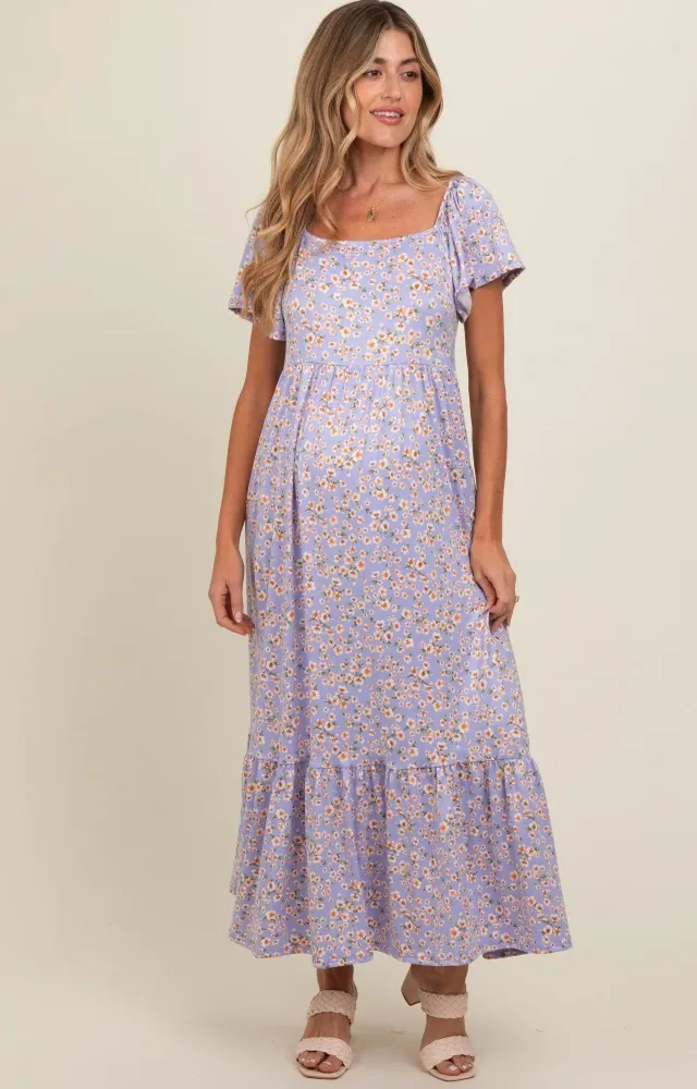 Lavender Floral Short Sleeve Maternity Maxi Dress