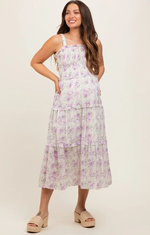 Lavender Floral Smocked Square Neck Ruffle Tiered Maternity Midi Dress