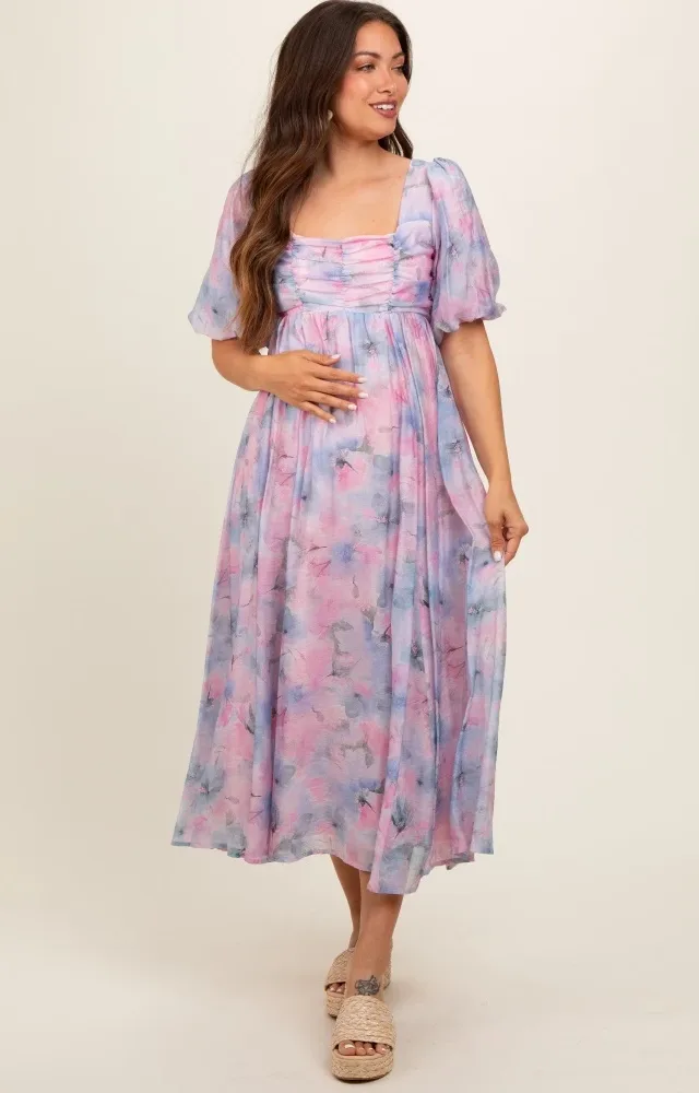 Lavender Floral Square Neck Short Puff Sleeve Lace-Up Back Maternity Midi Dress