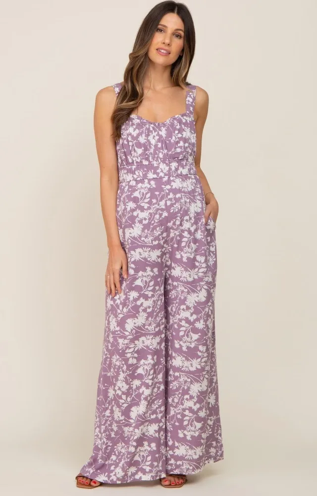 Lavender Floral Sweetheart Neck Maternity Jumpsuit