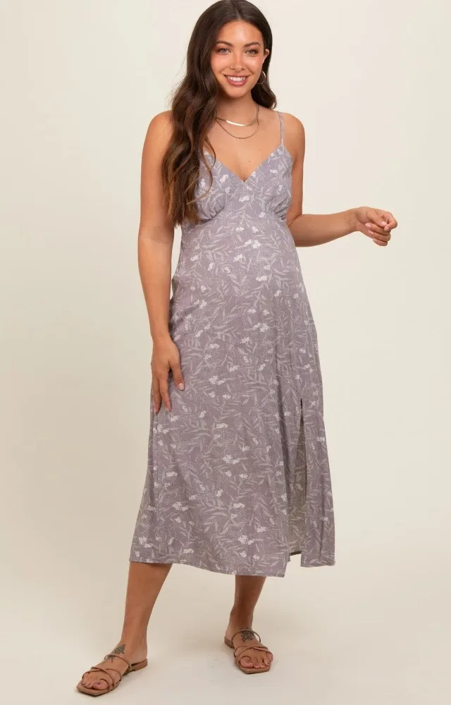 Lavender Floral V-Neck Side Slit Maternity Midi Dress