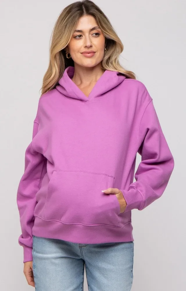 Lavender Front Pocket Hooded Fleece Maternity Sweatshirt