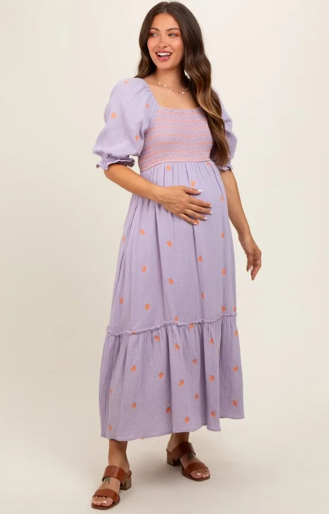 Lavender Gauze Smocked Embroidered Square Neck Maternity Midi Dress