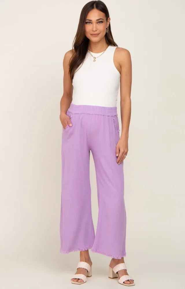 Lavender Linen Frayed Hem Crop Maternity Pants