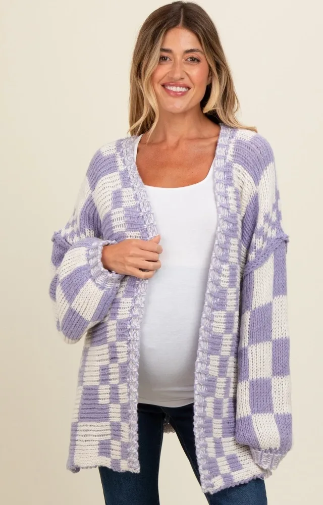 Lavender Mixed Check Pattern Chunky Maternity Cardigan