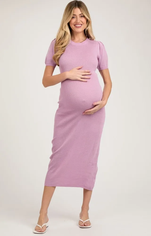 Lavender Puff Sleeve Knit Maternity Midi Dress