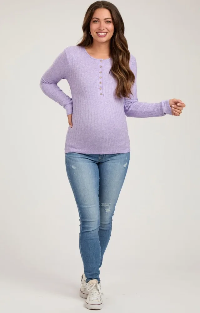 Lavender Ribbed Knit Button Long Sleeve Maternity Top