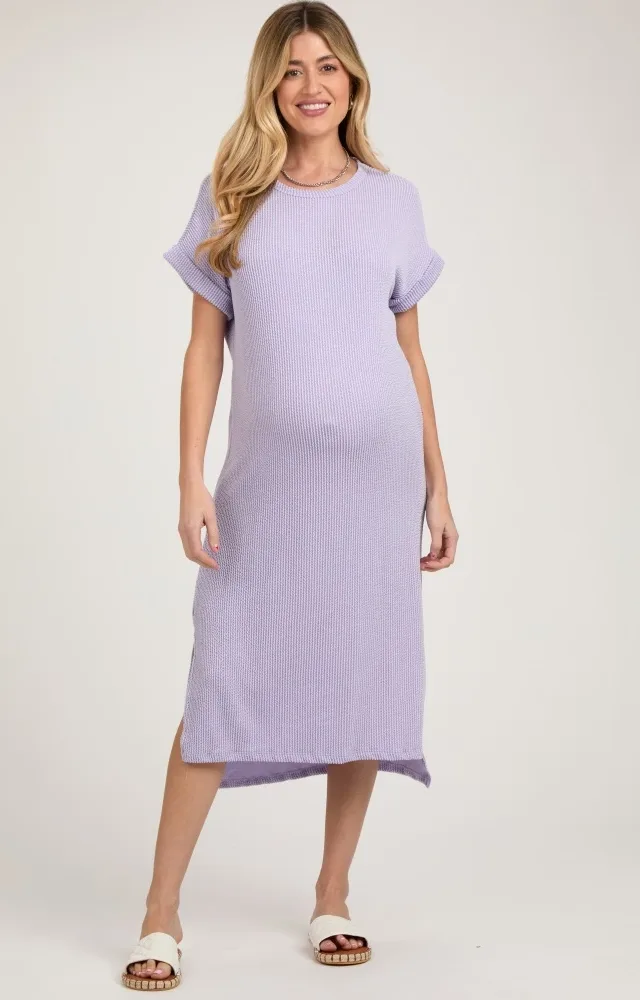 Lavender Ribbed Short Sleeve Maternity Midi Dress