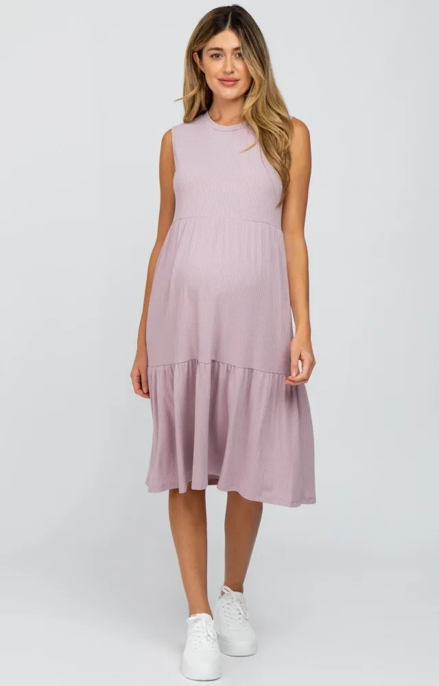 Lavender Ribbed Sleeveless Maternity Midi Dress