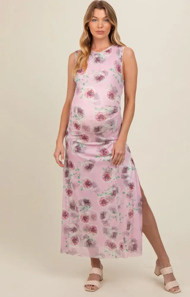 Lavender Rose Print Ruched Mesh Maternity Dress