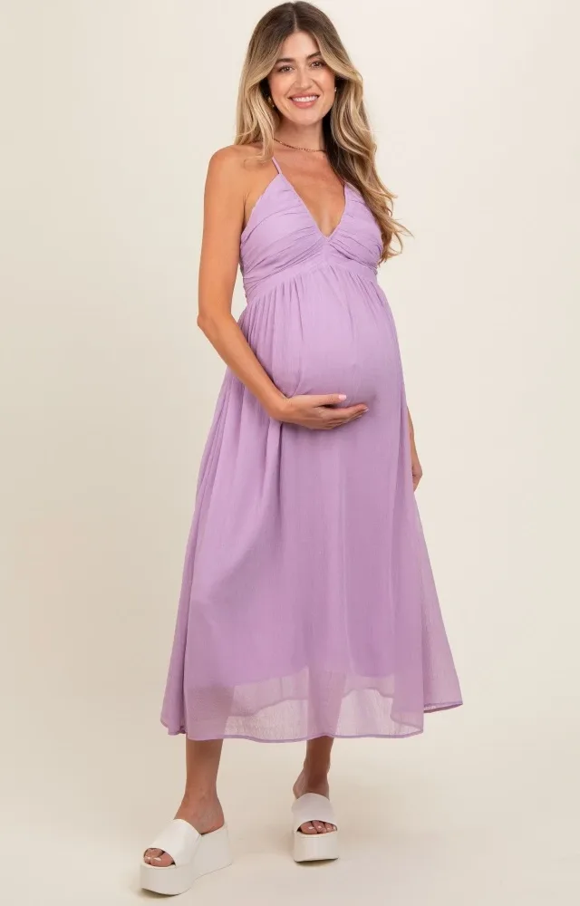 Lavender Ruched V-Neck Maternity Midi Dress