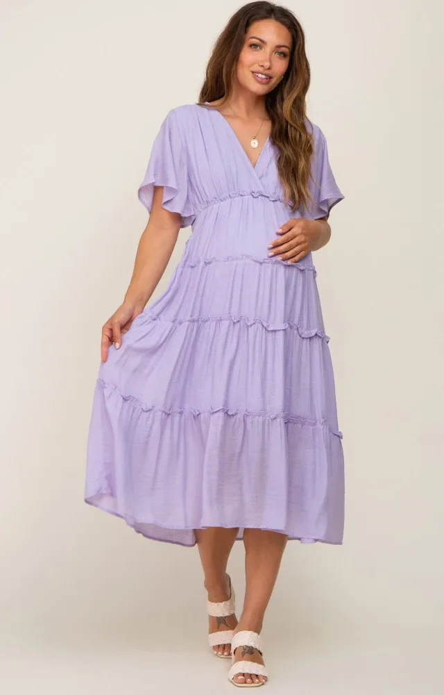 Lavender Ruffle Tiered V-Neck Maternity Midi Dress