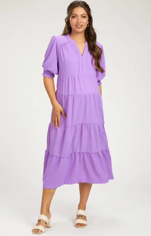 Lavender Short Sleeve Tiered Maternity Midi Dress