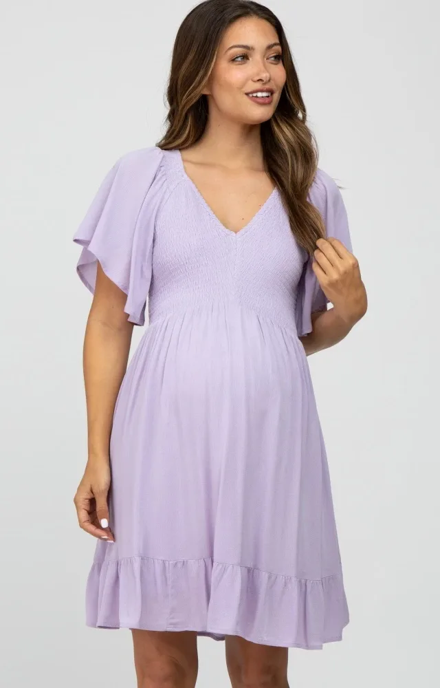 Lavender Smocked Front Ruffle Hem Maternity Dress