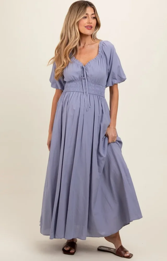 Lavender Smocked Puff Sleeve Maternity Maxi Dress