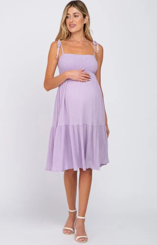 Lavender Smocked Shoulder Tie Maternity Dress