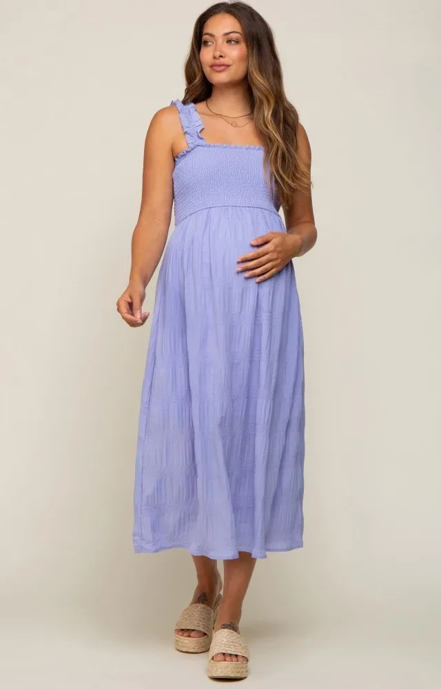 Lavender Smocked Square Neck Maternity Midi Dress