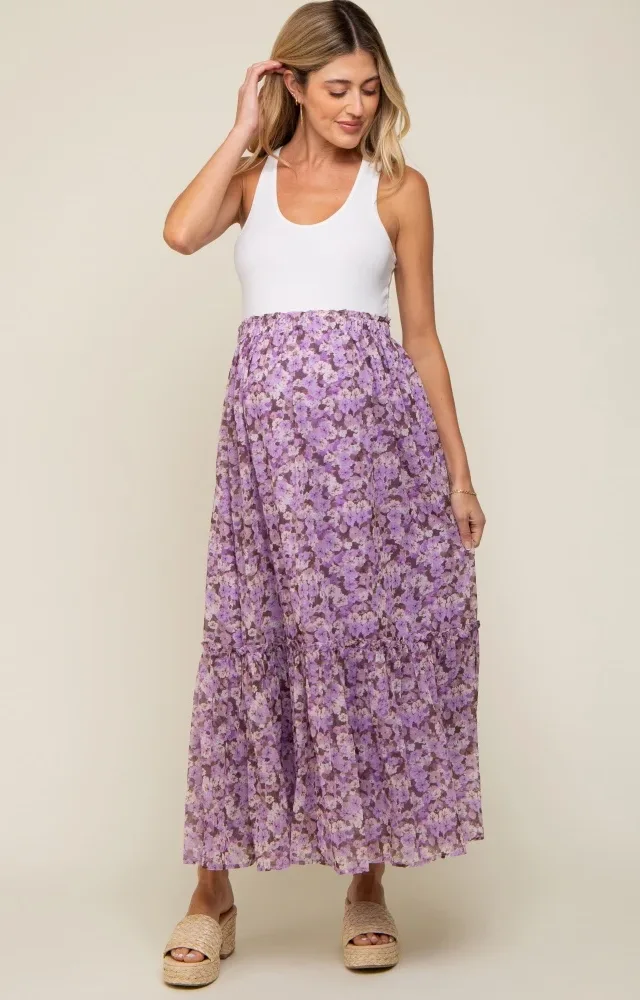 Lavender Smocked Waist Tiered Maternity Maxi Skirt