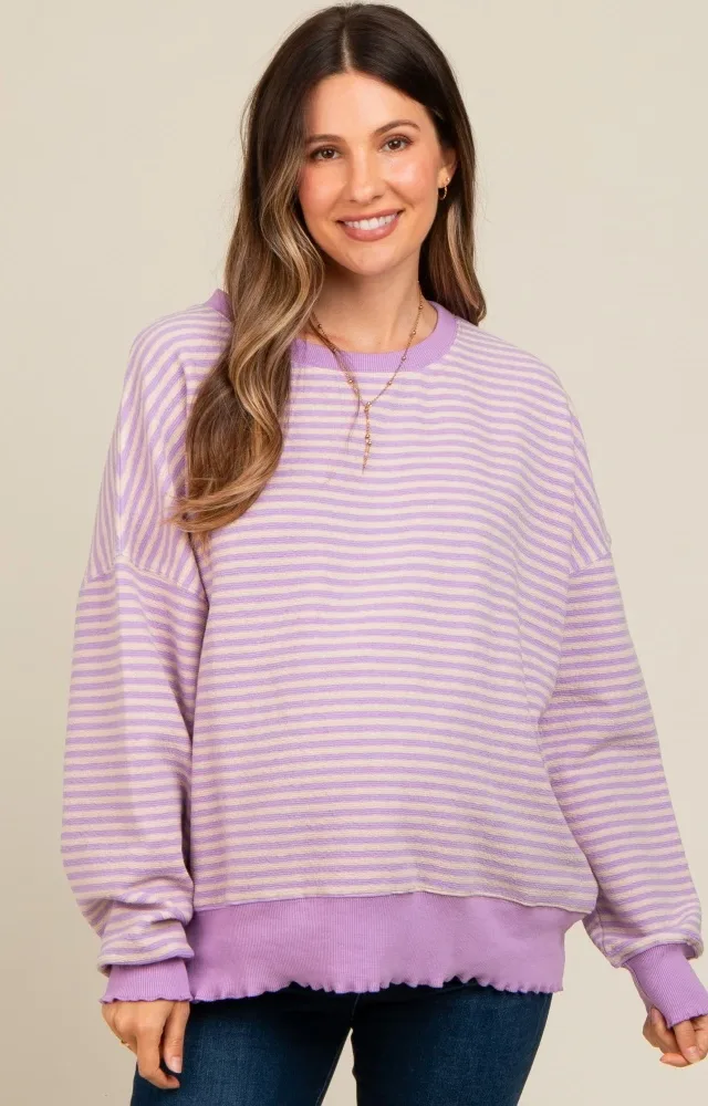 Lavender Striped Ruffle Hem Maternity Long Sleeve Top