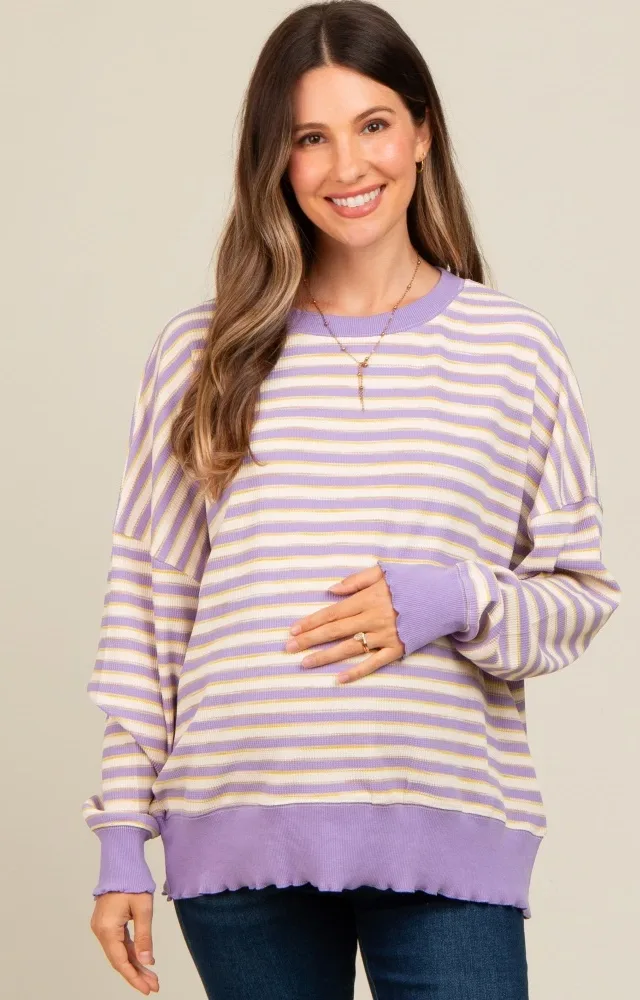 Lavender Striped Ruffle Hem Maternity Long Sleeve Top