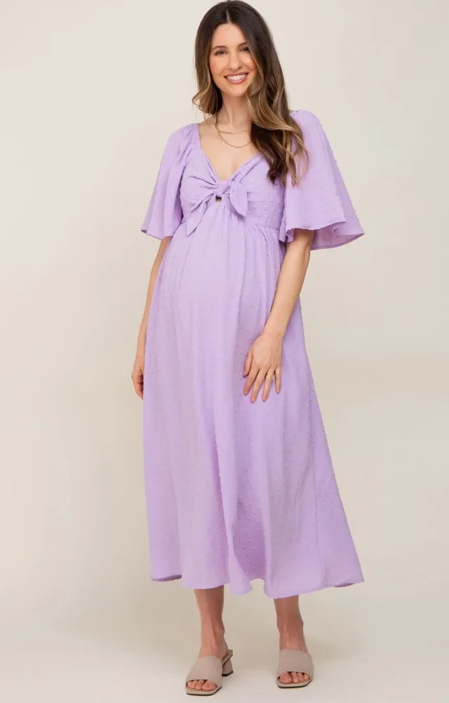 Lavender Textured Dot Front Tie Ruffle Sleeve Maternity Midi Dress