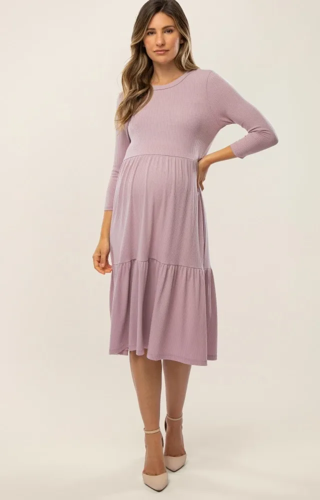 Lavender Tiered Ribbed Maternity Midi Dress