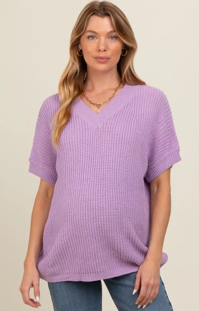 Lavender V-Neck Chunky Knit Sweater Maternity Top