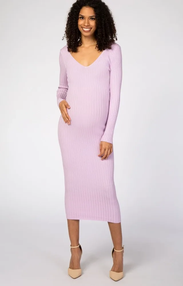 Lavender V-Neck Fitted Maternity Maxi Dress