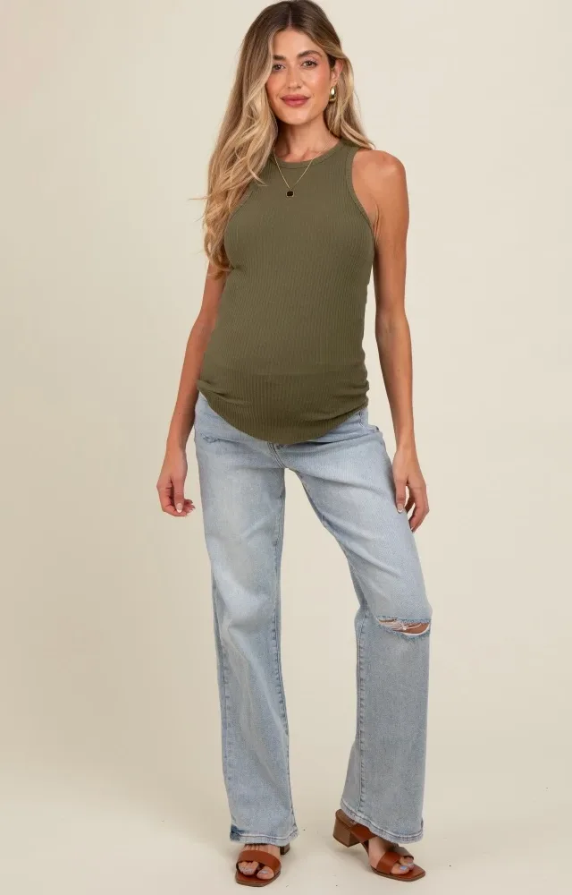 Light Blue Acid Wash Open Knee Maternity Bootcut Jeans