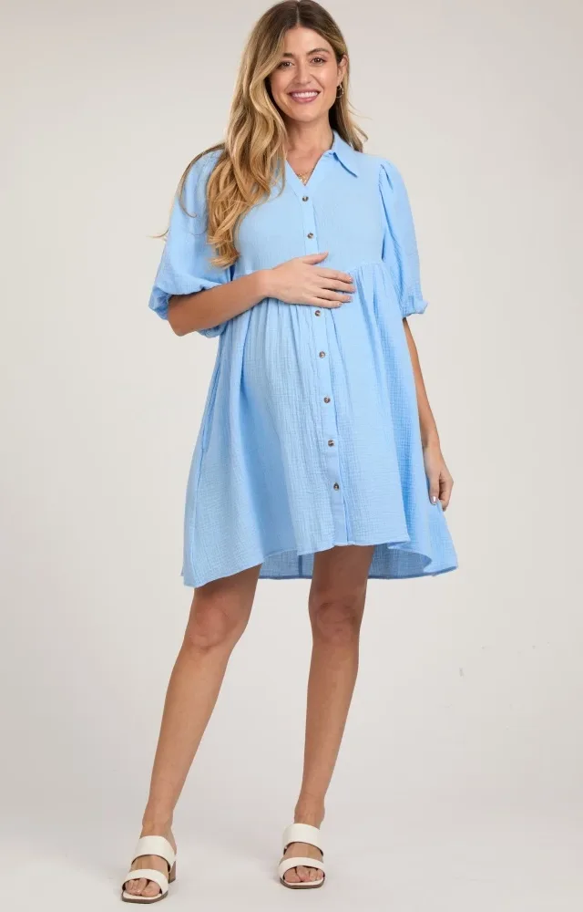 Light Blue Button Down Bubble Sleeve Collared Maternity Dress